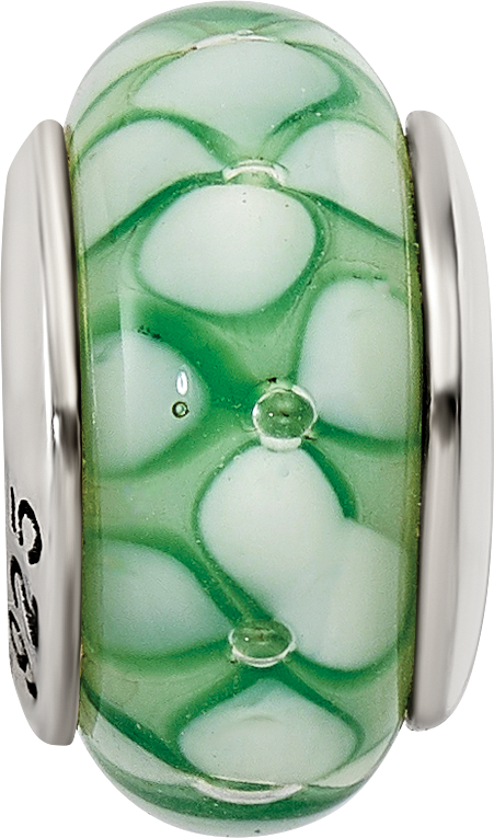 Sterling Silver Green Floral Hand-Blown Glass Bead with Antiqued Finish