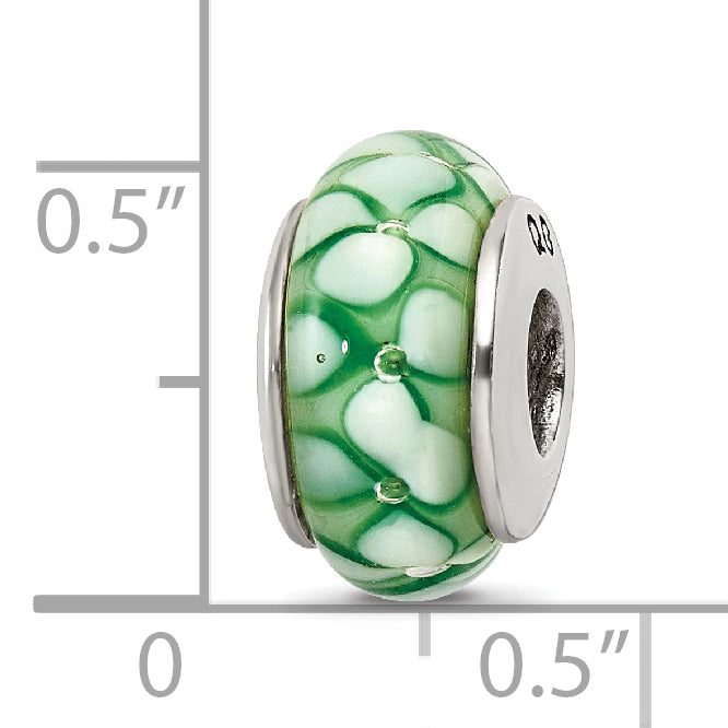 Sterling Silver Green Floral Hand-Blown Glass Bead with Antiqued Finish