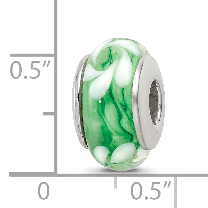Sterling Silver Green/White Hand-Blown Glass Bead with Antiqued Finish