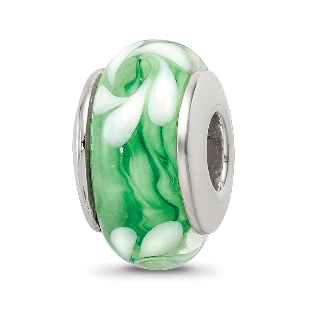 Sterling Silver Reflections Green/White Hand-blown Glass Bead Main image