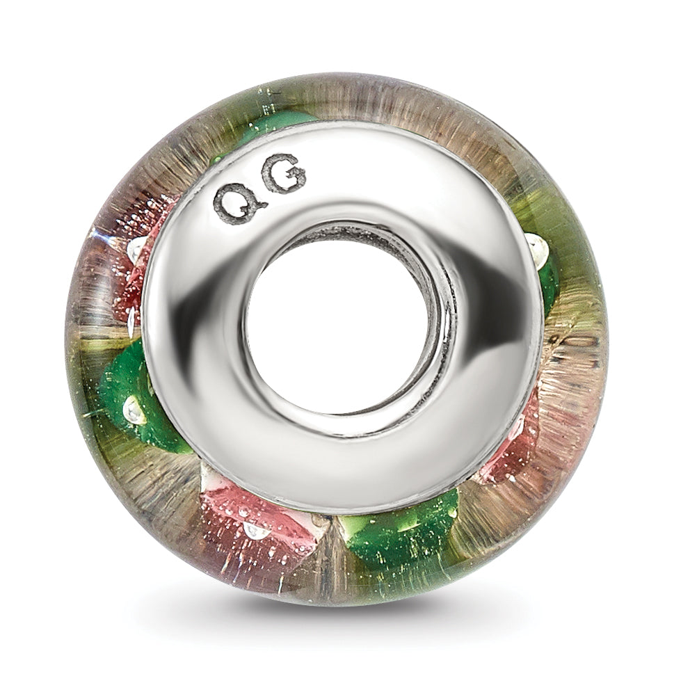 Sterling Silver Hand-Blown Green/Pink Glass Bead with Antiqued Finish Secondary image