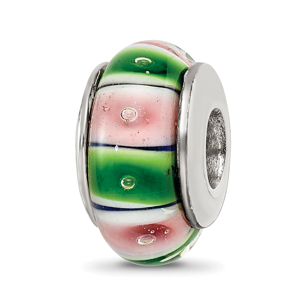 Sterling Silver Reflections Green/Pink Hand-blown Glass Bead Main image