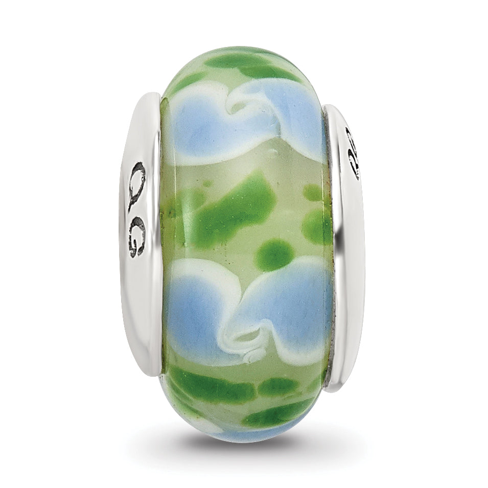 Sterling Silver Reflections Green/Blue Hand-blown Glass Bead