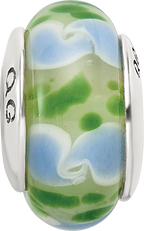 Sterling Silver 925 Hand-Blown Glass Bead in Green/Blue with Antiqued Finish