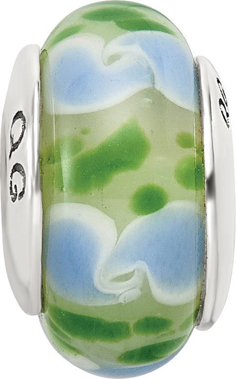 Sterling Silver 925 Hand-Blown Glass Bead in Green/Blue with Antiqued Finish
