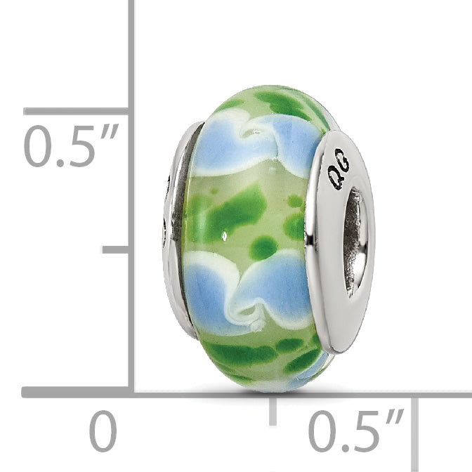 Sterling Silver 925 Hand-Blown Glass Bead in Green/Blue with Antiqued Finish
