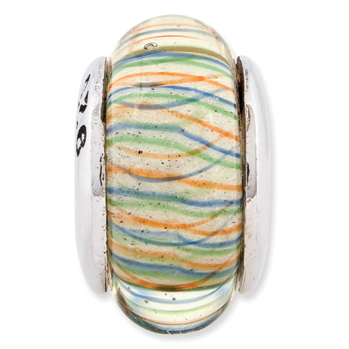 Sterling Silver Reflections Green Pastel Striped Hand-blown Glass Bead