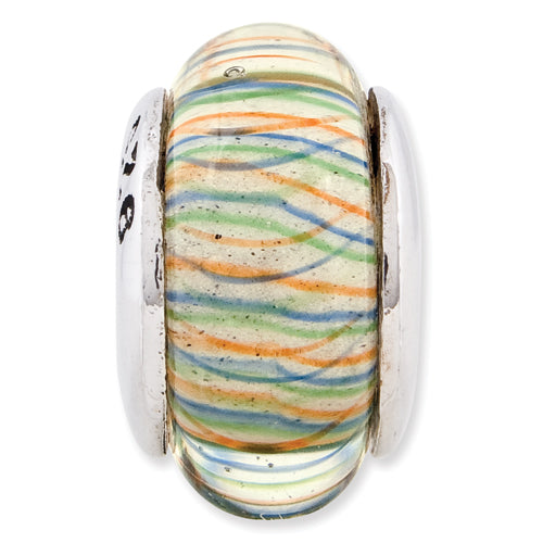 Sterling Silver 925 Hand-Blown Glass Bead with Green Pastel Stripes
