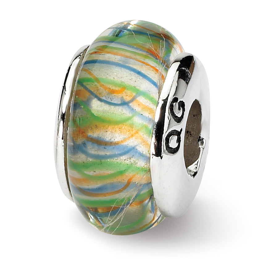 Sterling Silver Reflections Green Pastel Striped Hand-blown Glass Bead Main image