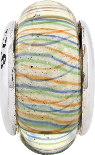 Sterling Silver 925 Hand-Blown Glass Bead with Green Pastel Stripes