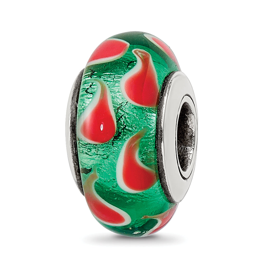 Sterling Silver Reflections Green/Red Hand-blown Glass Bead Main image
