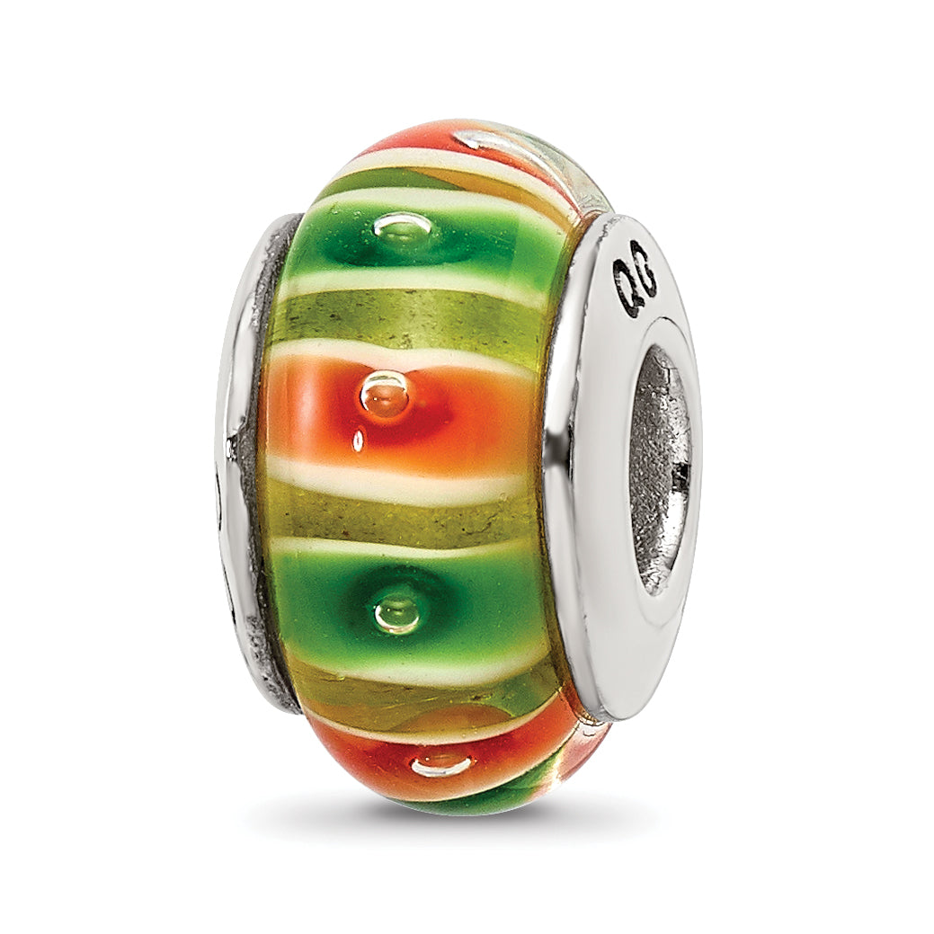 Sterling Silver Reflections Green/Orange Hand-blown Glass Bead Main image