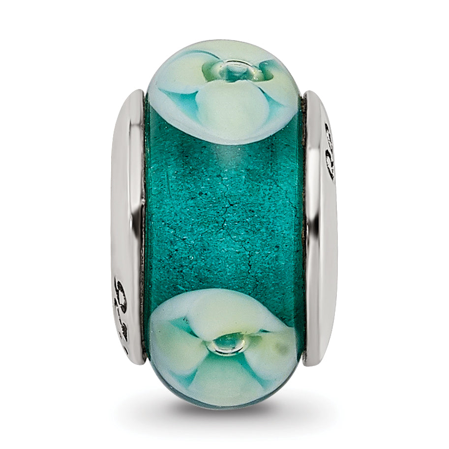 Sterling Silver 925 Floral Glass Bead with Hand-Blown Blue Green Design