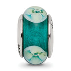 Sterling Silver 925 Floral Glass Bead with Hand-Blown Blue Green Design