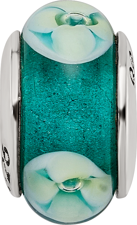 Sterling Silver 925 Floral Glass Bead with Hand-Blown Blue Green Design