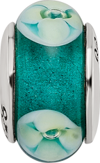 Sterling Silver 925 Floral Glass Bead with Hand-Blown Blue Green Design