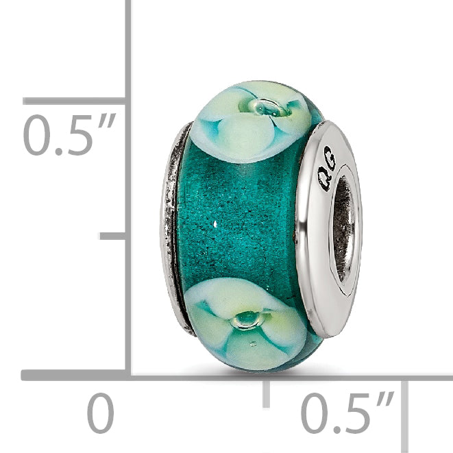 Sterling Silver 925 Floral Glass Bead with Hand-Blown Blue Green Design