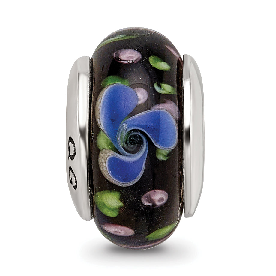 Sterling Silver Glass Bead with Hand-blown Blue Design, Antiqued Finish
