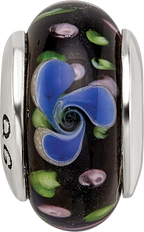 Sterling Silver Glass Bead with Hand-blown Blue Design, Antiqued Finish