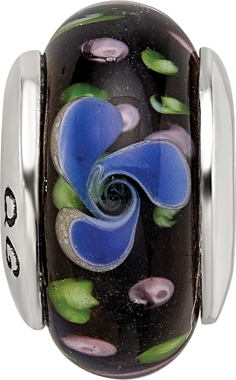 Sterling Silver Glass Bead with Hand-blown Blue Design, Antiqued Finish