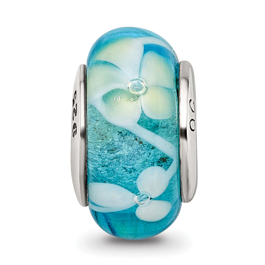 Sterling Silver Hand-Blown Glass Bead with Blue/Yellow Design
