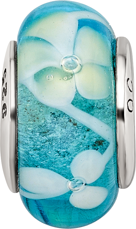 Sterling Silver Hand-Blown Glass Bead with Blue/Yellow Design