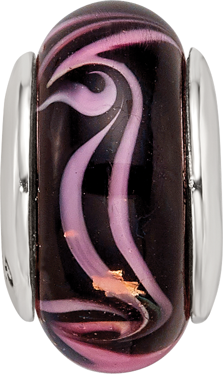 Sterling Silver Hand-Blown Glass Bead with Black/Pink Design and Antiqued Finish