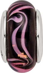 Sterling Silver Hand-Blown Glass Bead with Black/Pink Design and Antiqued Finish