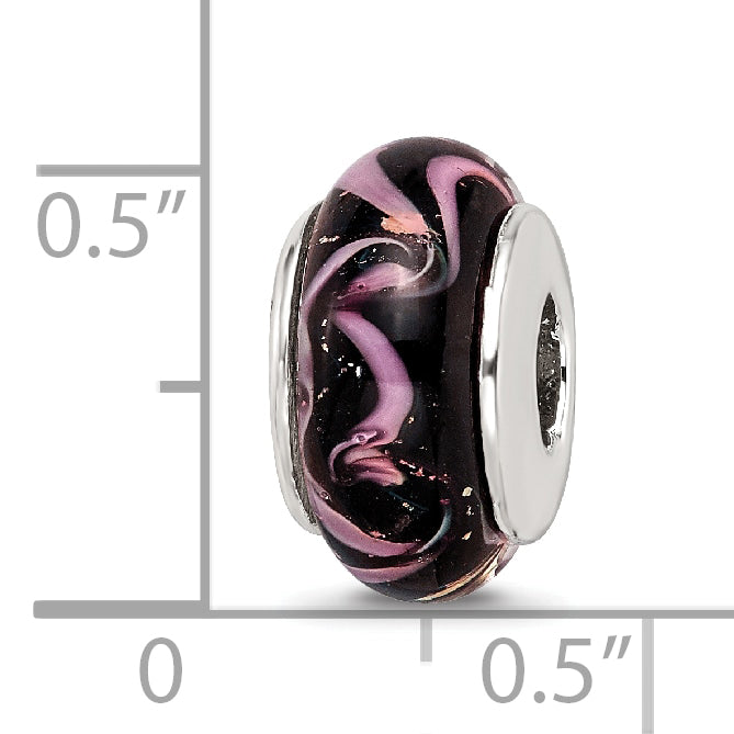 Sterling Silver Hand-Blown Glass Bead with Black/Pink Design and Antiqued Finish