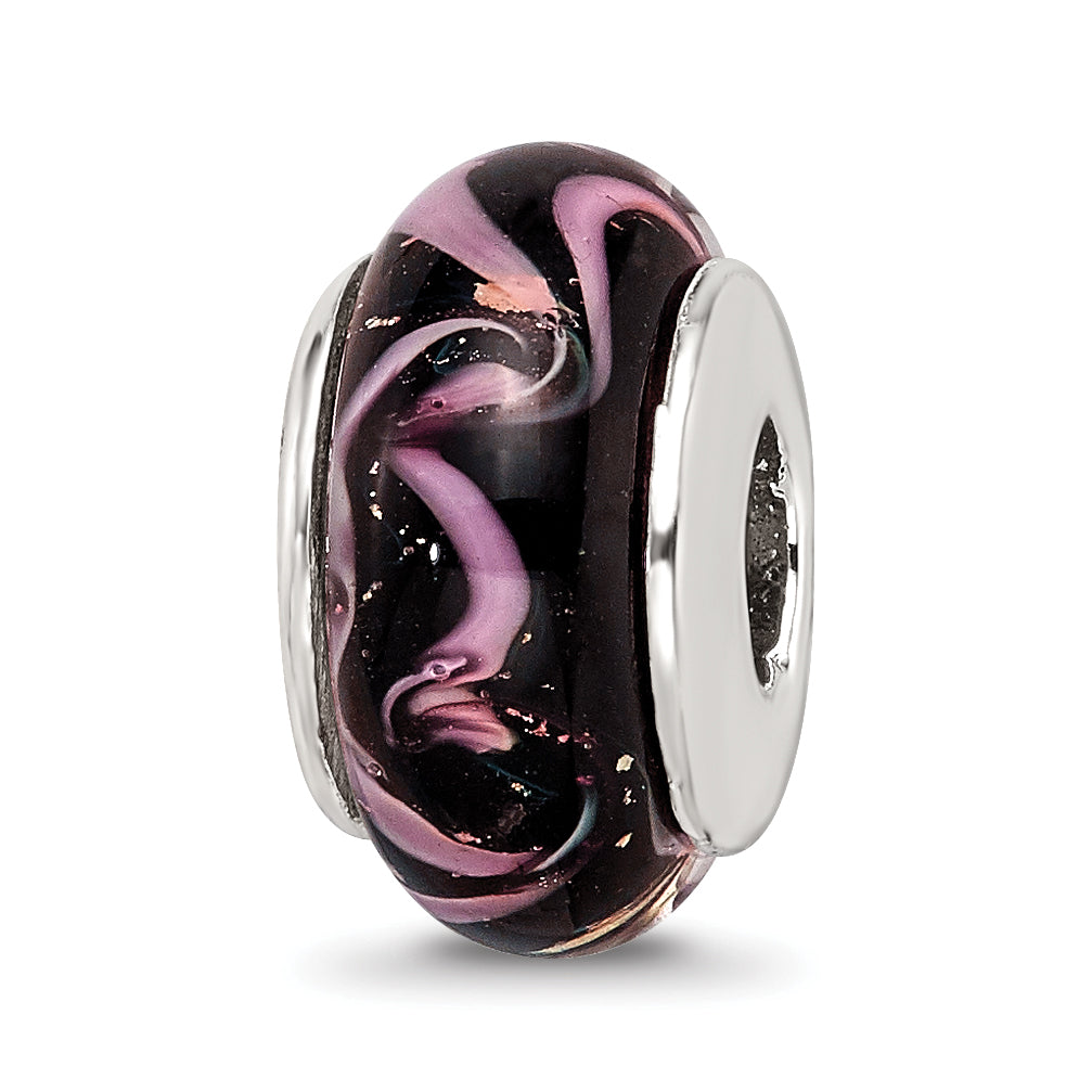 Sterling Silver Reflections Black/Pink Hand-blown Glass Bead
