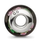 Sterling Silver 925 Hand-blown Glass Bead with Black/Red Design, Antiqued Finish