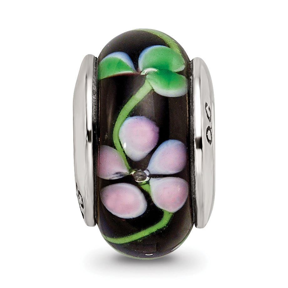 Sterling Silver 925 Hand-blown Glass Bead with Black/Red Design, Antiqued Finish
