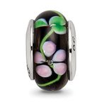 Sterling Silver 925 Hand-blown Glass Bead with Black/Red Design, Antiqued Finish