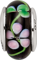 Sterling Silver 925 Hand-blown Glass Bead with Black/Red Design, Antiqued Finish