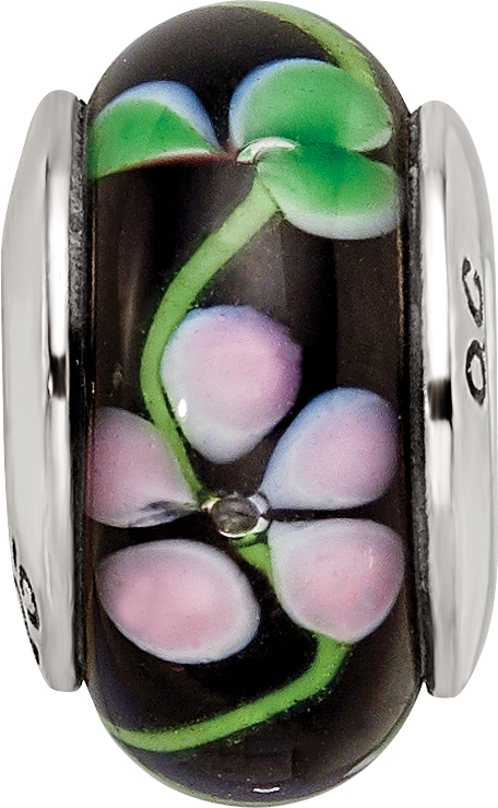 Sterling Silver 925 Hand-blown Glass Bead with Black/Red Design, Antiqued Finish