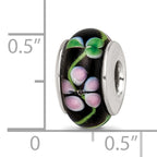 Sterling Silver 925 Hand-blown Glass Bead with Black/Red Design, Antiqued Finish