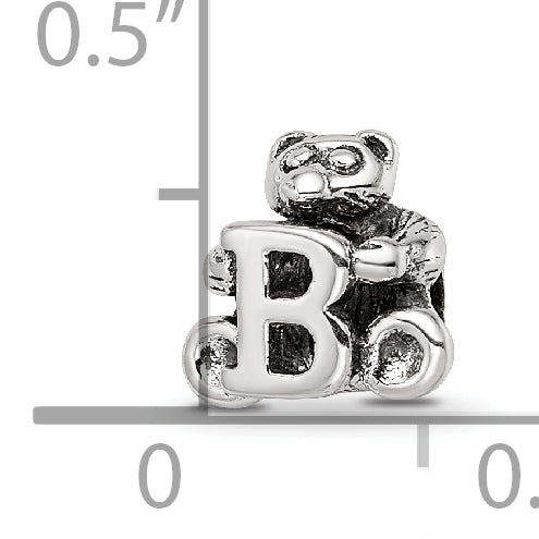 Sterling Silver 925 Kids Letter B Bead with Antiqued Polished Finish