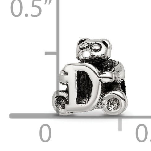 Sterling Silver 925 Kids Letter D Bead with Antiqued Polished Finish