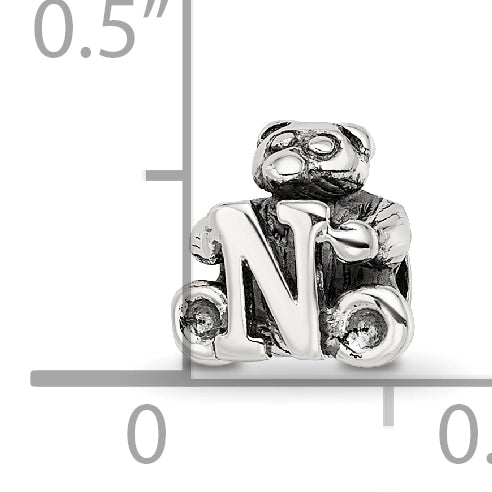 Sterling Silver 925 Antiqued Kids Letter N Bead Solid Finish