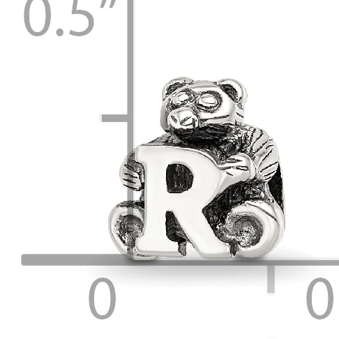 Sterling Silver 925 Kids Letter R Bead with Antiqued Polished Finish
