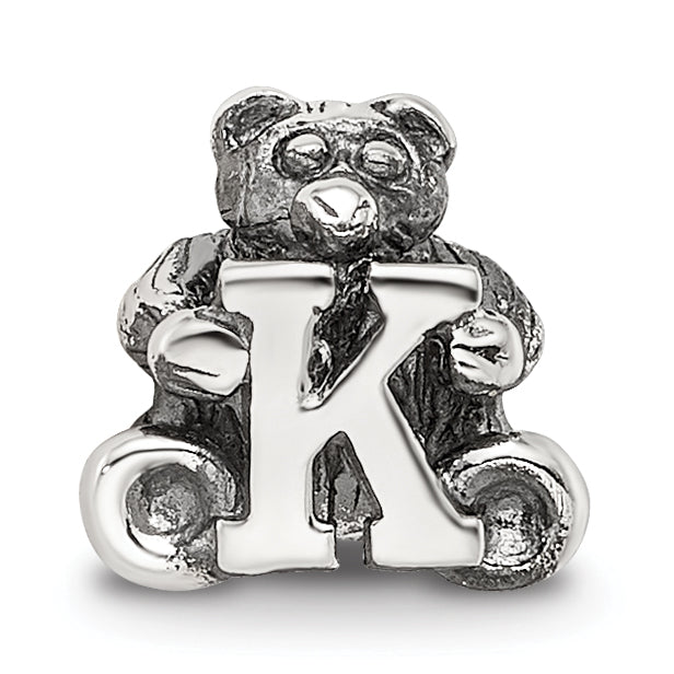 Sterling Silver 925 Kids Letter K Bead with Polished Antique Finish