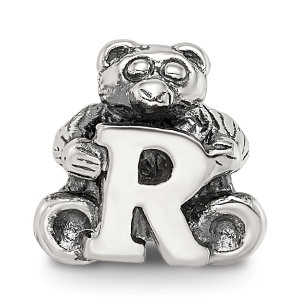 Sterling Silver 925 Kids Letter R Bead with Antiqued Polished Finish