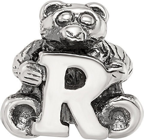 Sterling Silver 925 Kids Letter R Bead with Antiqued Polished Finish