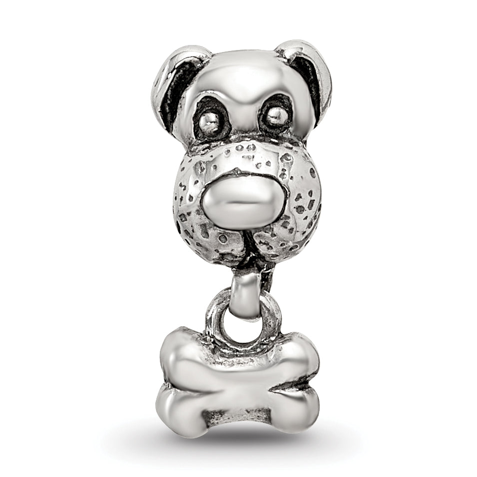 Sterling Silver 925 Kids Dog & Bone Bead with Antiqued Finish