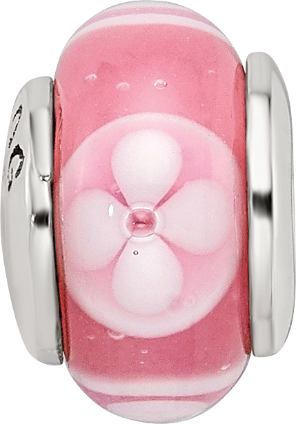 Kids Collection Sterling Silver Hand-blown Pink with Floral Pattern Glass Reflections Bead