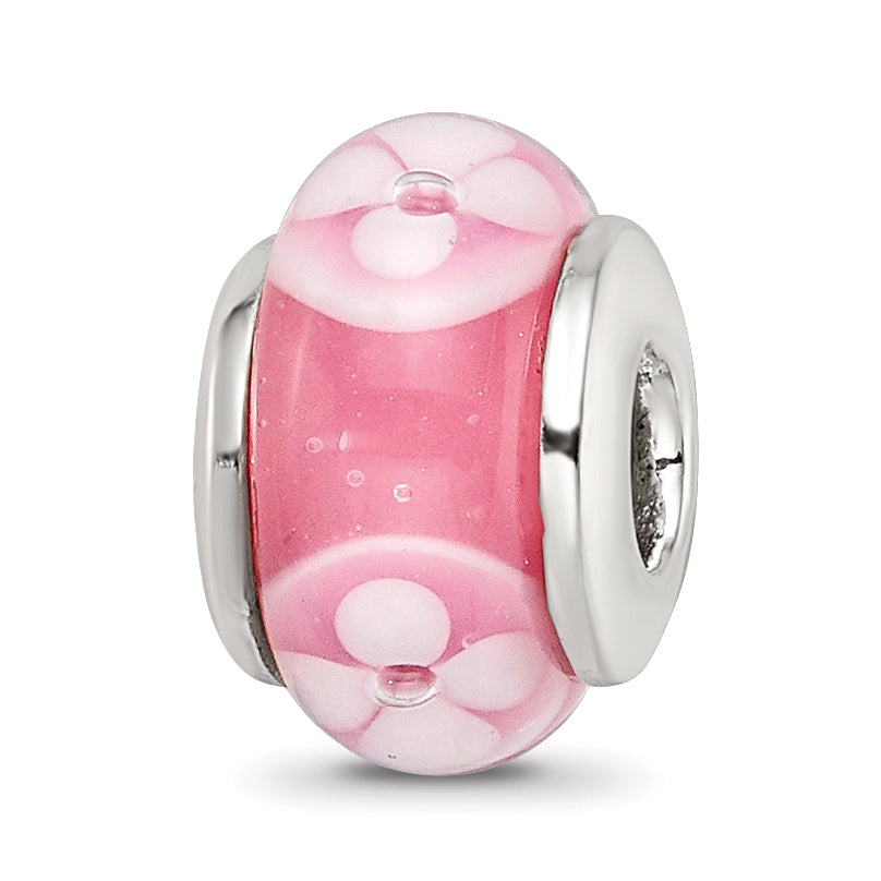 Kids Collection Sterling Silver Hand-blown Pink with Floral Pattern Glass Reflections Bead