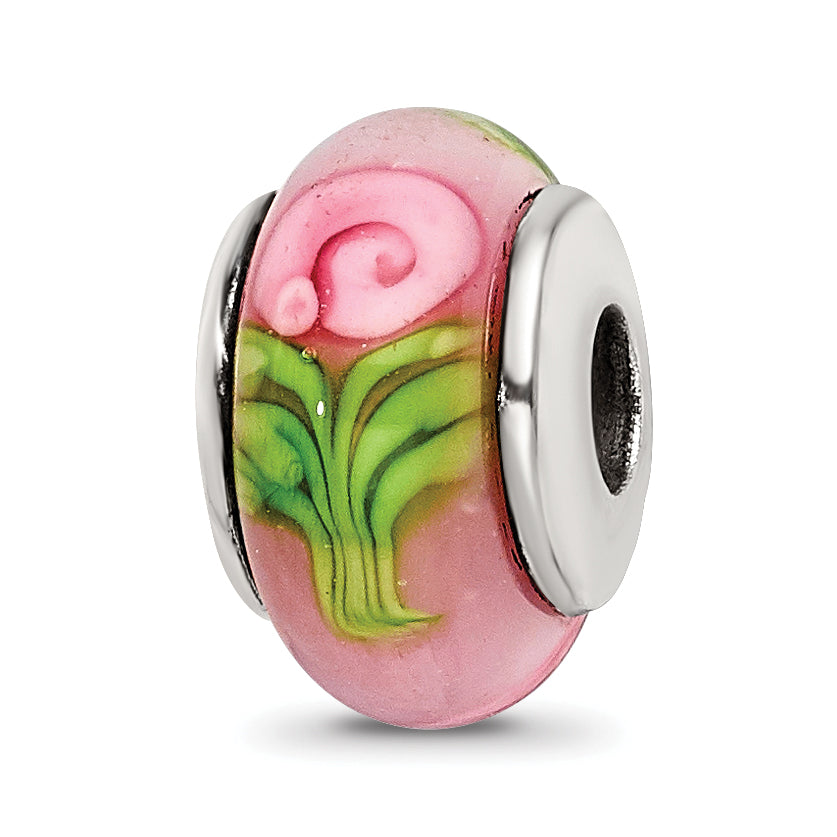 Kids Collection Sterling Silver Hand-blown Pink with Flower Pattern Glass Reflections Bead Main image