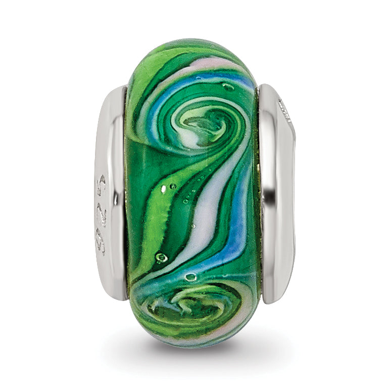 Sterling Silver Kids Bead with Green Hand-Blown Glass Polished Finish