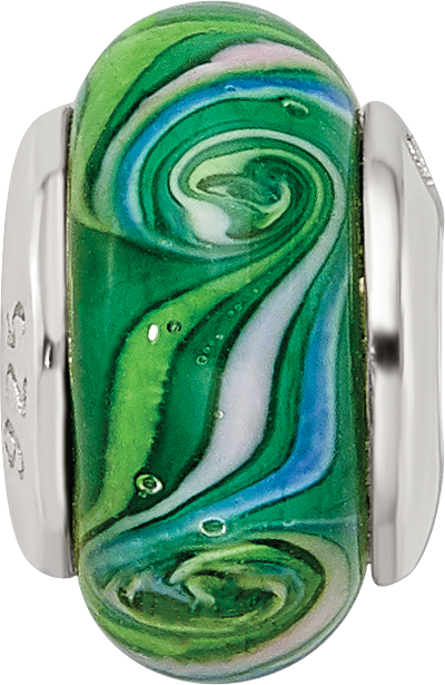 Sterling Silver Kids Bead with Green Hand-Blown Glass Polished Finish