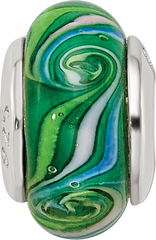 Sterling Silver Kids Bead with Green Hand-Blown Glass Polished Finish